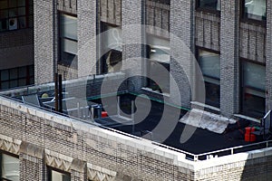 Old and new high-rise buildings in Midtown, architectural details, outdoor roof terraces, New York, NY