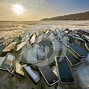 Old and new mobiles on ice out door