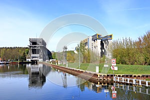 Old and new Niederfinow ship lift, Oder Havel Canal, Brandenburg, Germany