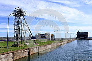 Old and new Niederfinow ship lift, Oder Havel Canal, Brandenburg, Germany