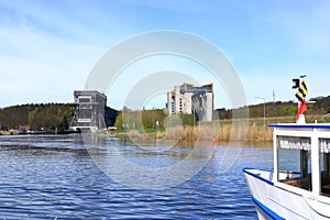 Old and new Niederfinow ship lift, Oder Havel Canal, Brandenburg, Germany