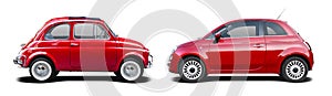 Old and new red Fiat 500