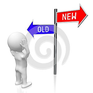 Old or new - signpost with two arrows, cartoon character