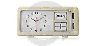 Old new year`s day. January 14th, on a alarm clock, isolated on white background. 3d illustration