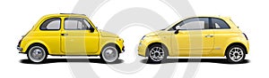 Old and new yellow Fiat 500 photo