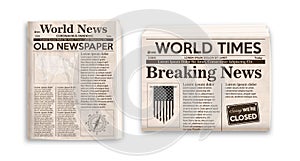 Old newspaper layout. Vertical and horizontal mockup of newspapers isolated on white background