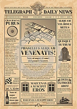 Old newspaper vector template. Retro newsprint with text and images