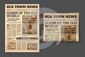 Old newspaper. Vintage magazine front page mockup. Two realistic pages templates, historical sepia sheet of journal