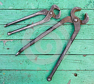 Old nippers on wooden background