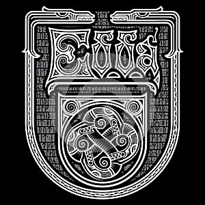 Old Norse design. Frame in the Scandinavian style with the heads of dragons, the inscription Edda - a book on mythology