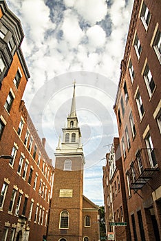 The Old North Church in between buildings