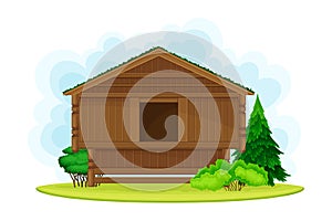 Old Norwegian House with Turfy Roof Covered with Grass as Distinctive Attribute of Norway Vector Illustration