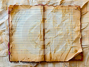 An old notebook with a torn cover on top