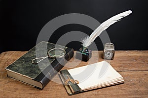 Old notepad, book, quill, magnifying glass