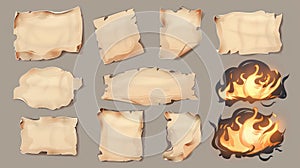 Old notes or stickers on fire isolated on transparent background. Smoldering paper labels with flame and black ash on