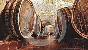 Old oak barrels in an ancient wine cellar.