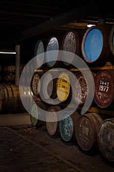 Seafield Ave, Keith, Scotland, UK - July 30, 2019: Old Oak Barrels full of good whiskey from various distilleries