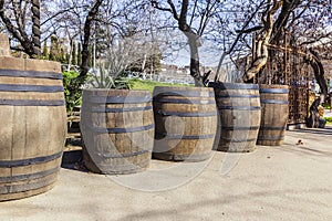 Old oak barrels standing on the street