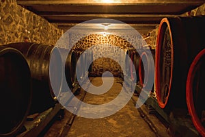 Old Oak Barrels in Wine Cellar