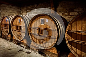 Old oak casks of calvados in a cellar