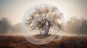 Old oak tree in foggy morning. Panoramic image. Generative AI