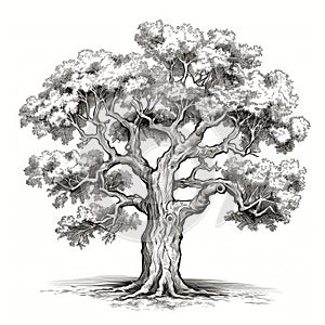 Old Oak Tree Sketch, Hand Drawn Sketched Tree, Engraving Huge Lime Tree, Ink Pencil AI Illustration