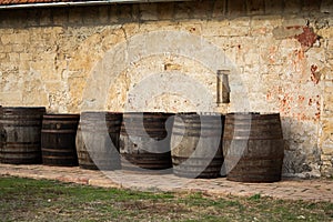 Old oak wine barrel. Old wooden barrel. Vintage barrel. Beer Barrel. Barrel with wine