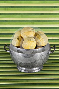 Old object : tureen with lemons , green background