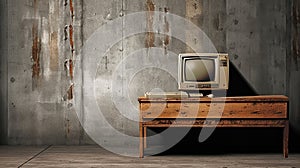 old and obsolete computer on old wood table with concrete wall background. Generative Ai