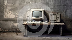 old and obsolete computer on old wood table with concrete wall background. Generative Ai