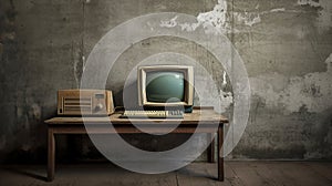 old and obsolete computer on old wood table with concrete wall background. Generative Ai