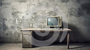 old and obsolete computer on old wood table with concrete wall background. Generative Ai