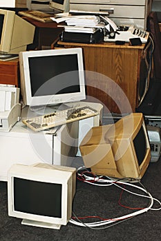 old and obsolete computers ready to recycling depot
