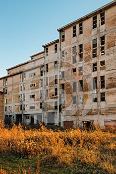 Old obsolete industrial building ruined and ready for demolishin