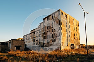 Old obsolete industrial building ruined and ready for demolishing