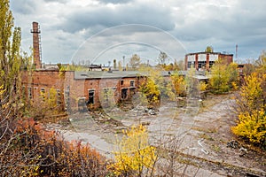 Old obsolete ruined overgrown concrete industrial buildings in autumn. Abandoned factory