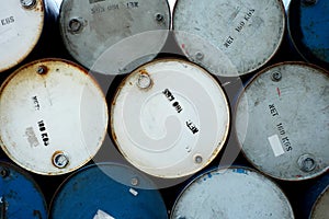 Old Oil barrels tank with colorful, stacked