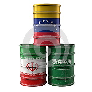 Old Oil Drums with Saudi Arabia, Iran and Venezuela national flags.