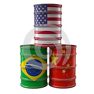 Old Oil Drums with USA, China and Brazil national flags.