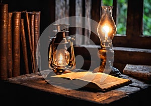 Old oil lamp with open book on a table in a dark room.