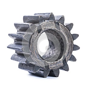 Old oiled damaged machine gear isolated