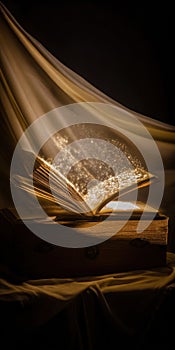 Old open book radiating magic light and sparkle dust