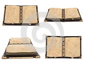 Old open book in steampunk style on isolated white background. 3d illustration