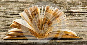 Old open book on a wooden background