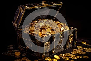 Old open pirate treasure chest full of golden coins. Generative AI
