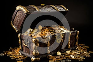 Old open pirate treasure chest full of golden coins. Generative AI