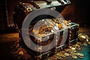 Old open pirate treasure chest full of golden coins. Generative AI