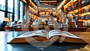 Old open text book on glossy wooden table. Bookshelf blurred in the background. photo
