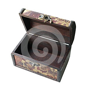 Old open wood casket isolated