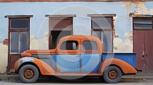 an old orange and blue truck parked in front of a blue and white building with two doors and a brown door handle on the side of